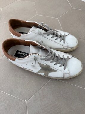 Golden Goose White Leather Sneakers with Brown Heel and Gray Star Accent